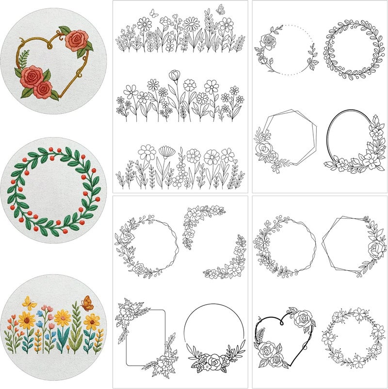 CRASHOT Water Soluble Stabilizer for Embroidery - 4 Sheets Stick and Stitch Embroider Paper Wash Away, Floral Round Heart Square Flower Frame Designs, Suprise for Hand Sewing Lover - Image 1